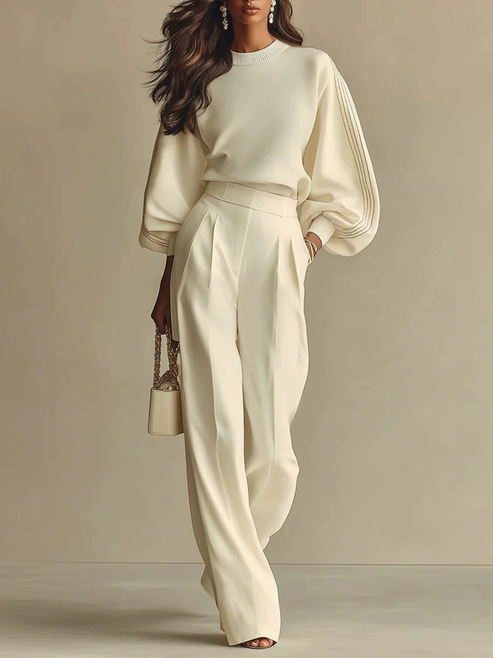 ZARA Spring Style Beige Loose Knit Top High Waist Wide Leg Pants Set Women